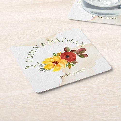 Pretty Red Yellow Watercolor Rustic Floral Wedding Square Paper Coaster