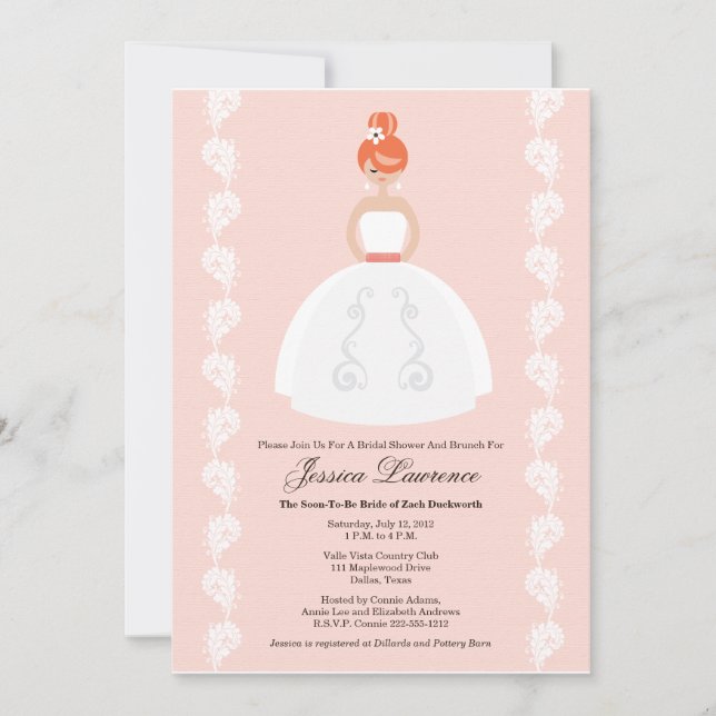 Pretty Redhead Bridal Shower Pink Invitations (Front)