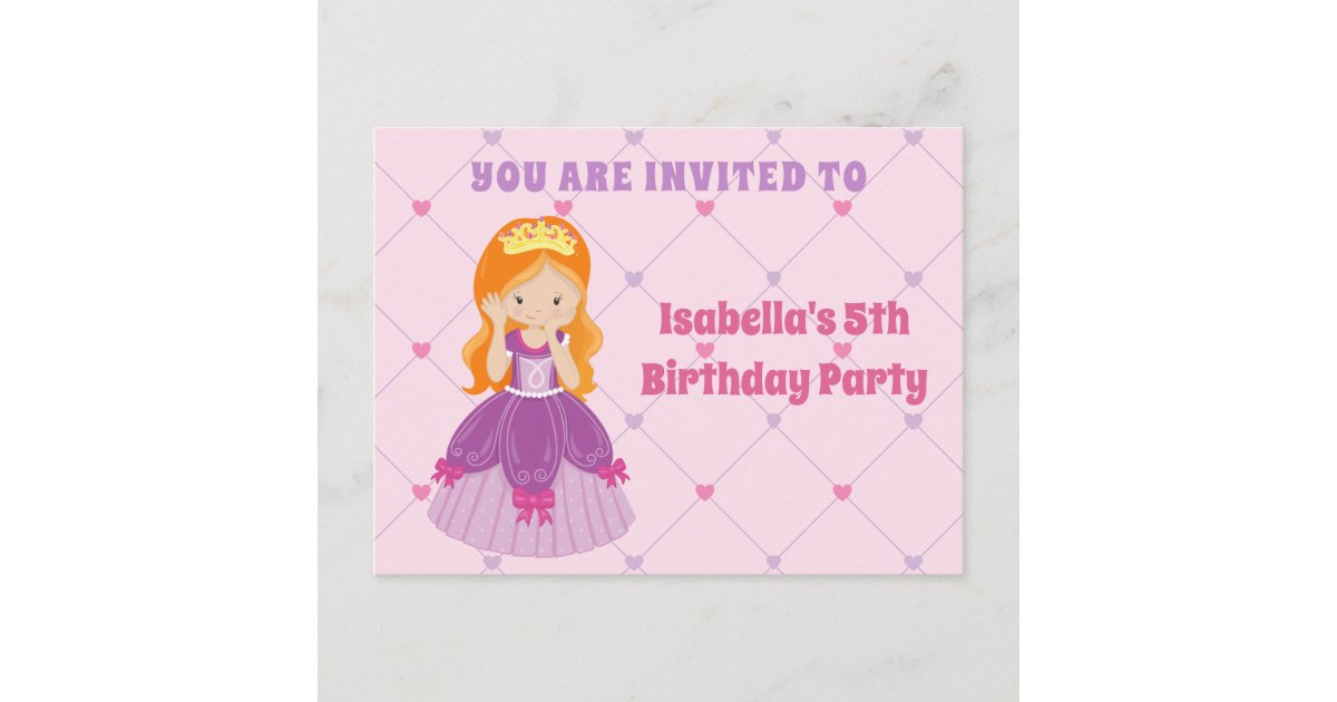 Pretty Redhead Princess Birthday Party Invitation Postcard | Zazzle