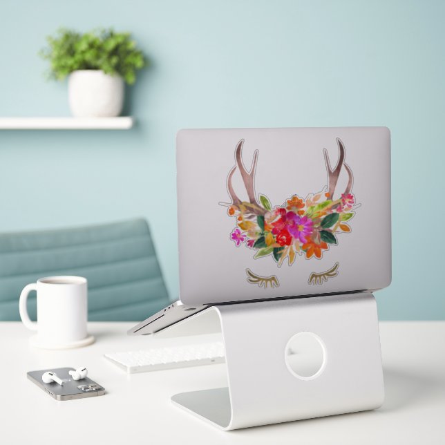 Pretty  Reindeer Lashes Fall Floral  Deer Antlers Sticker (Laptop On Desk)
