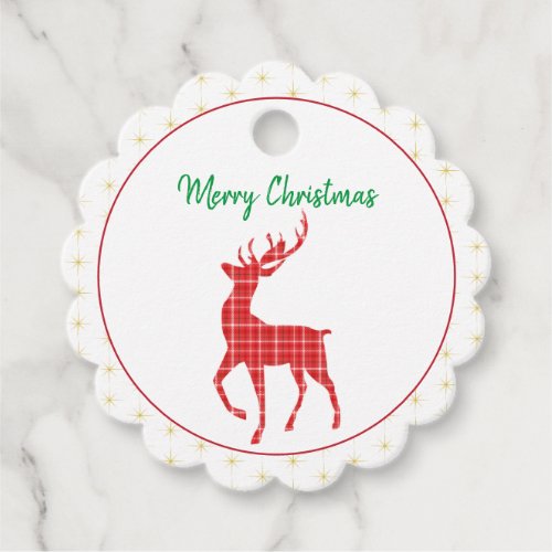 Pretty Reindeer Red Twill Plaid Pattern Christmas Favor Tags