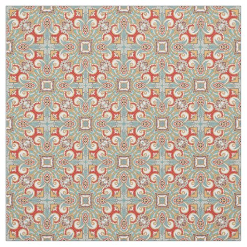 Pretty Retro Chic Red Teal Floral Mosaic Pattern Fabric