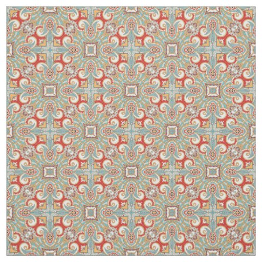 Pretty Retro Chic Red Teal Floral Mosaic Pattern Fabric