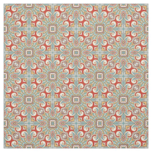 Pretty Retro Chic Red Teal Floral Mosaic Pattern Fabric (Swatch)