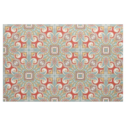 Pretty Retro Chic Red Teal Floral Mosaic Pattern Fabric
