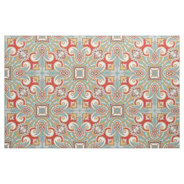 Pretty Retro Chic Red Teal Floral Mosaic Pattern Fabric (Fat Quarter)
