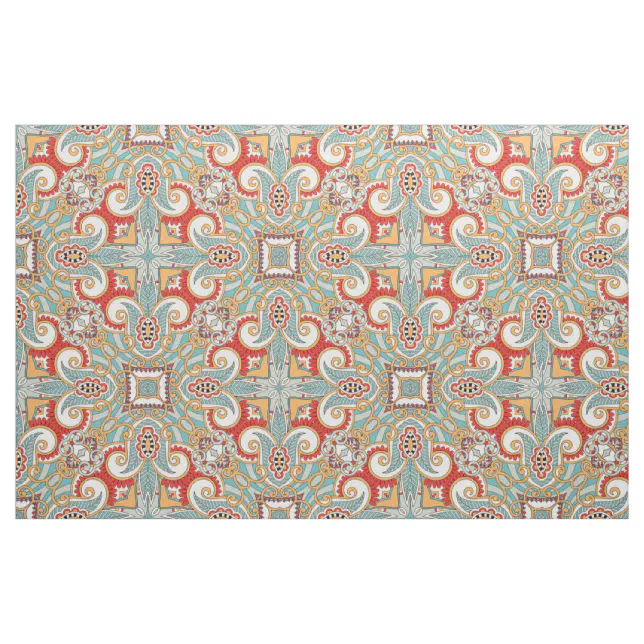 Pretty Retro Chic Red Teal Floral Mosaic Pattern Fabric | Zazzle