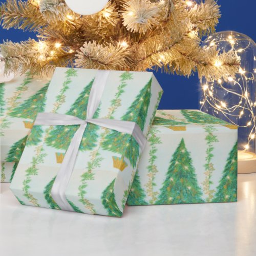 Pretty Retro Christmas Tree Gold White Stars Wrapping Paper