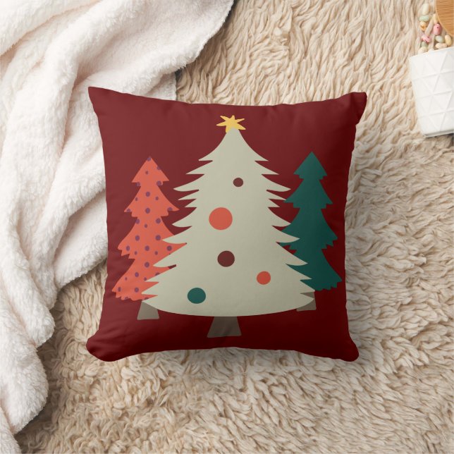 Pretty Retro Christmas Trees Burgundy Throw Pillow (Blanket)