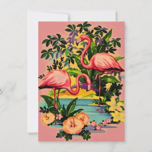 Pretty Retro Flamingos Pool Party Invitations