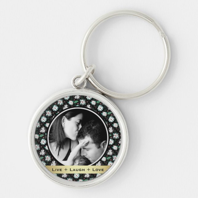 Pretty Retro Floral Black Pattern Photo Keychain (Front)