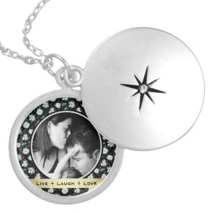 Pretty Retro Floral Black Pattern Photo Locket Necklace