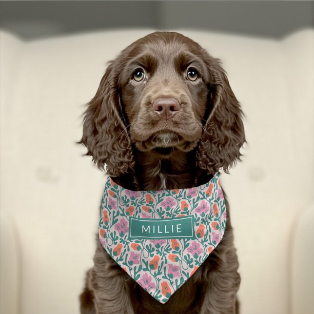 Pretty Retro Floral Pattern Name Pet Bandana Colla Pet Bandana Collar (Creator Uploaded)
