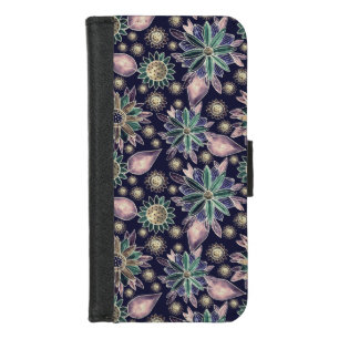 Pretty Retro Florals on Navy Blue Background iPhone 8/7 Wallet Case