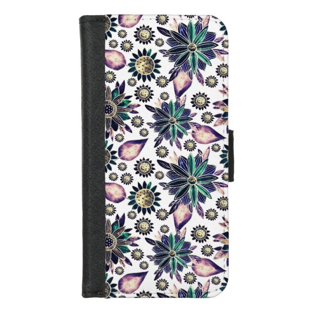 Pretty Retro Florals on White Background  iPhone Wallet Case (Front)