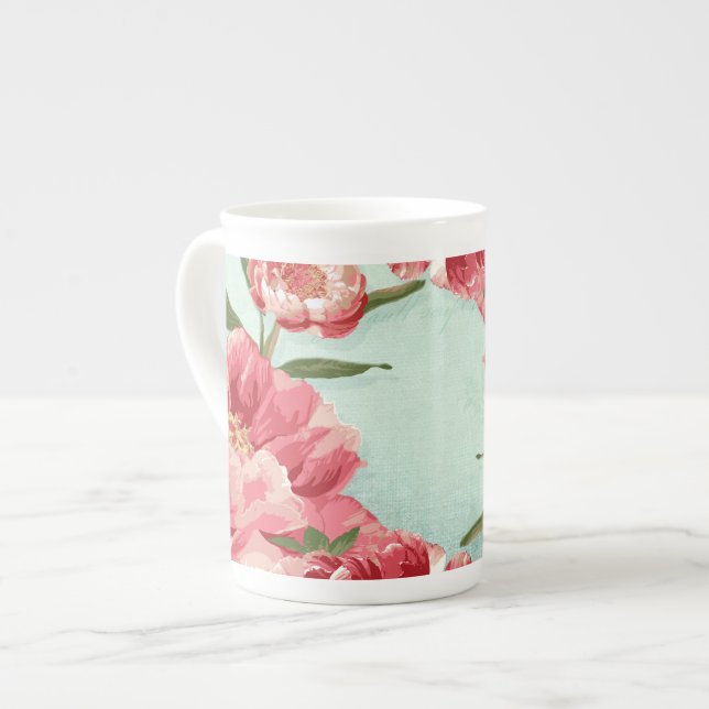 Pretty Retro Flower Chintz Peonies Personalized Bone China Mug (Front Left)