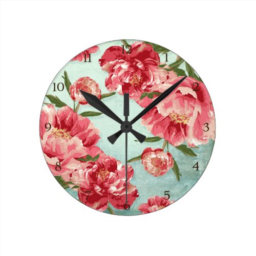 Pretty Retro Flower Chintz Peonies Personalized Round Clocks