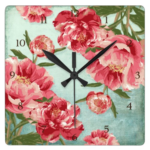 Pretty Retro Flower Chintz Peonies Personalized Square Wall Clocks