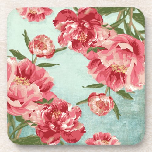 Pretty Retro Flower Chintz Peonies Personalized Drink Coaster