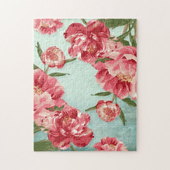 Pretty Retro Flower Chintz Peonies Personalized Jigsaw Puzzle (Vertical)