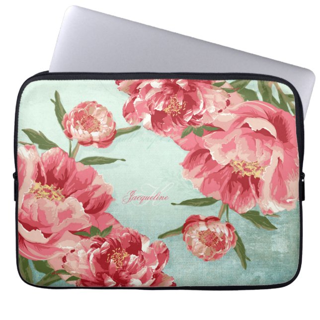 Pretty Retro Flower Chintz Peonies Personalized Laptop Sleeve (Front)