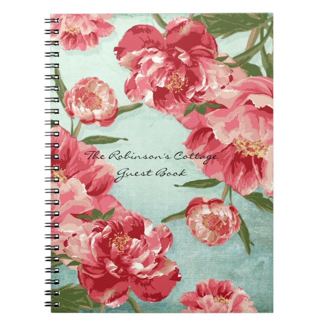 Pretty Retro Flower Chintz Peonies Personalized Notebook (Front)