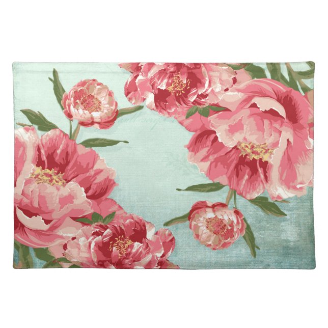 Pretty Retro Flower Chintz Peonies Personalized Placemat (Front)
