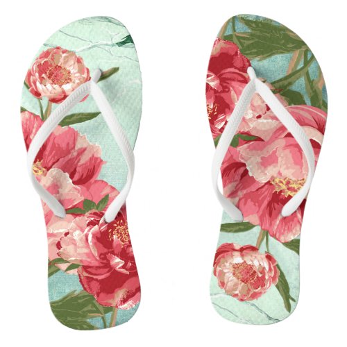 Pretty Retro Flower Fashion Chintz Peony n Bird Flip Flops