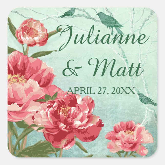 Pretty Retro Flower Favor Seals Chintz Peonies (Front)