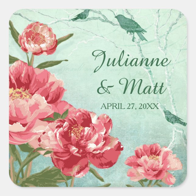 Pretty Retro Flower Favor Seals Chintz Peonies (Front)