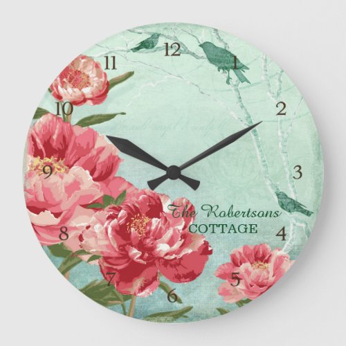 Pretty Retro Flower Home Decor Chintz Peony n Bird Large Clock