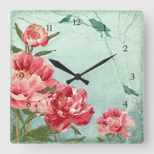 Pretty Retro Flower Home Decor Chintz Peony n Bird Square Wall Clock