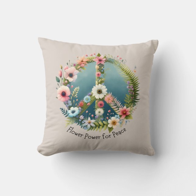 Pretty Retro "Flower Power for Peace" Peace Sign Throw Pillow (Front)