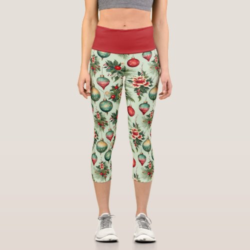 Pretty Retro Holiday Ornaments Floral Christmas Capri Leggings