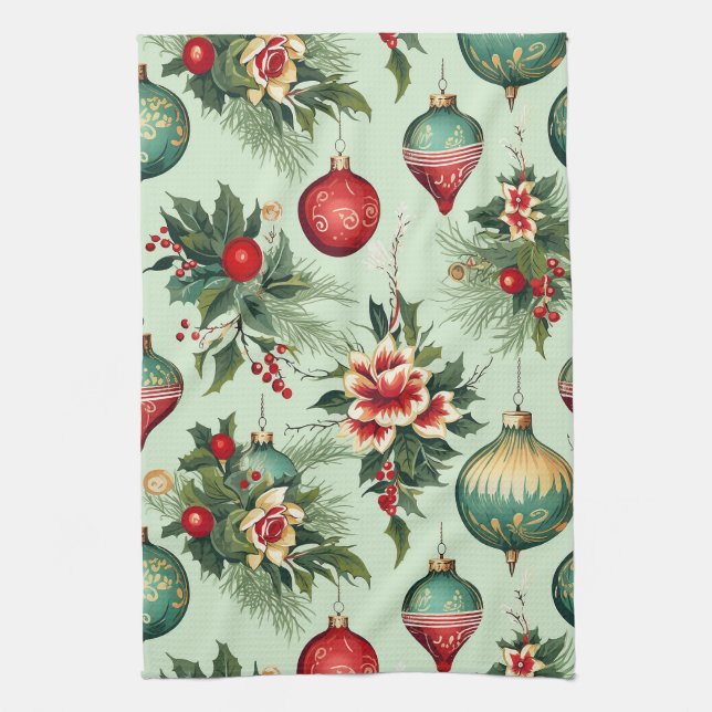 Pretty Retro Holiday Ornaments, Floral Christmas Kitchen Towel (Vertical)