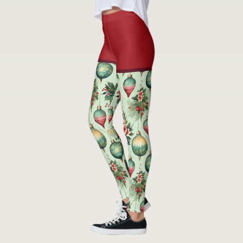 Pretty Retro Holiday Ornaments Floral Christmas Leggings