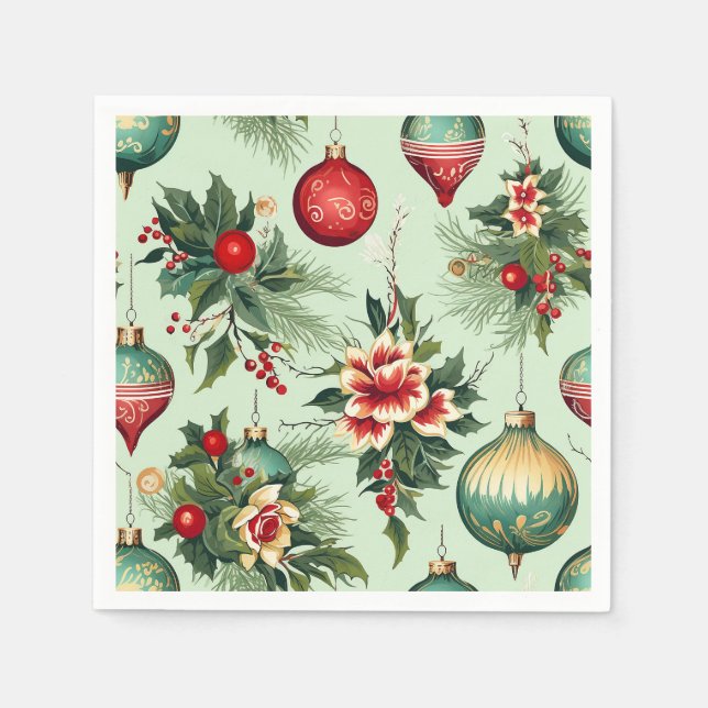 Pretty Retro Holiday Ornaments, Floral Christmas Napkins (Front)