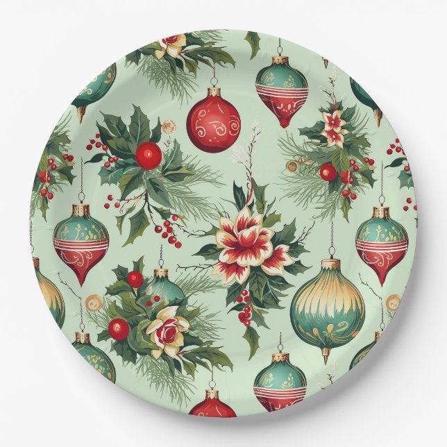 Pretty Retro Holiday Ornaments, Floral Christmas Paper Plates (Front)