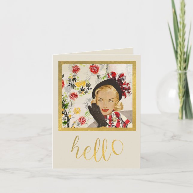Pretty Retro Lady "Hello" Note Card (Front)