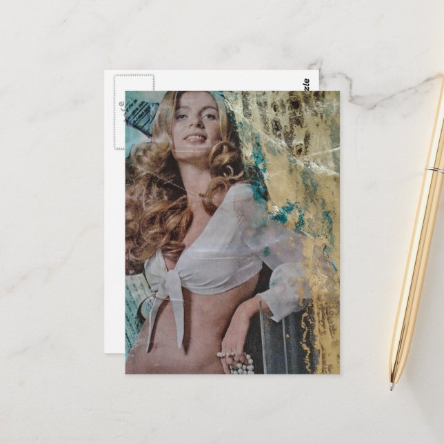 Pretty Retro lady with pearls Mixed media collage Postcard (Front/Back In Situ)
