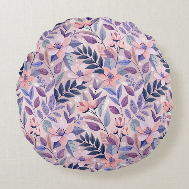 Pretty Retro Lilac Floral Illustration Round Pillow (Front)