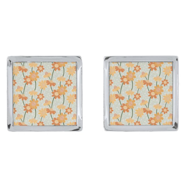 Pretty retro muted 1970s flowers cufflinks (Front)