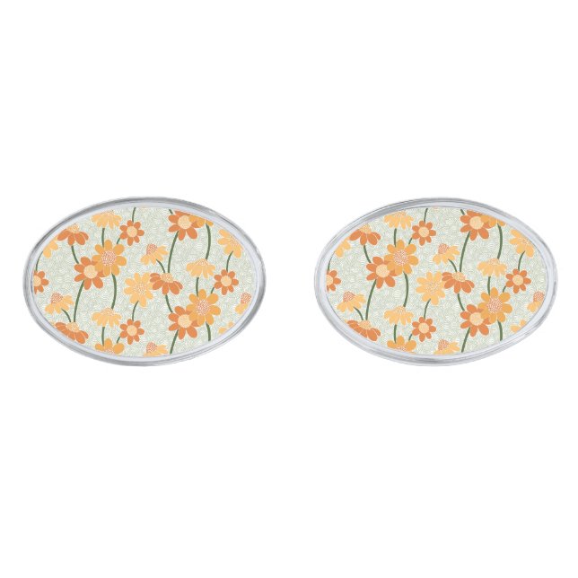 Pretty retro muted 1970s flowers cufflinks (Front)