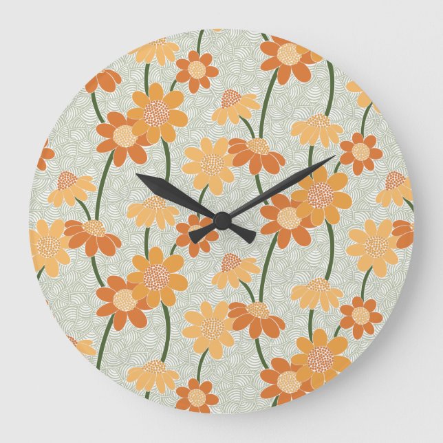 Pretty retro muted 1970s flowers large clock (Front)