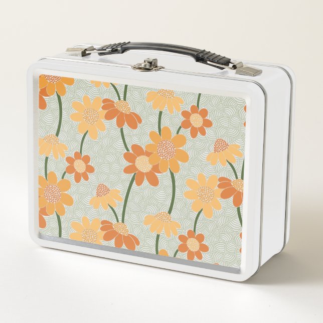 Pretty retro muted 1970s flowers metal lunch box (Front)