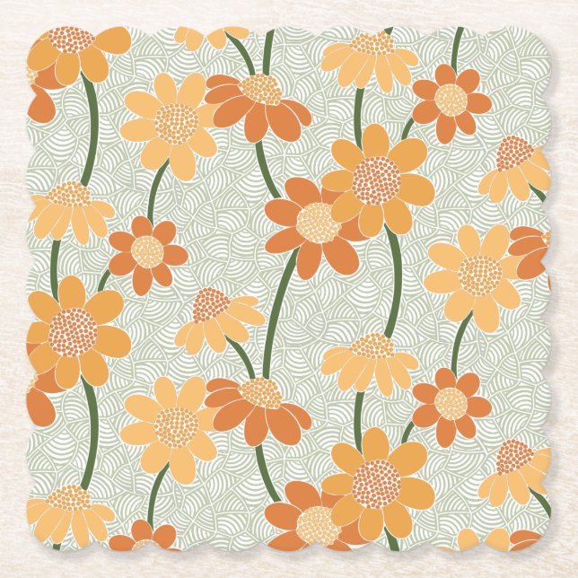 Pretty retro muted 1970s flowers paper coaster (Front)