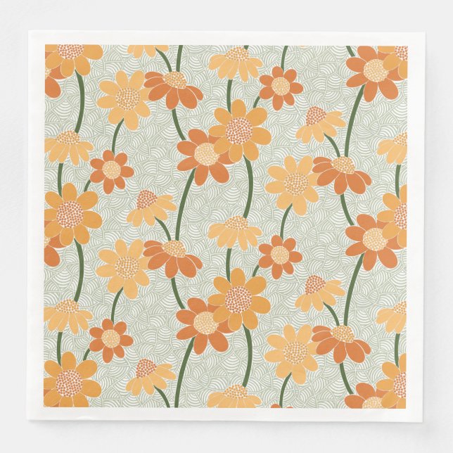 Pretty retro muted 1970s flowers paper dinner napkins (Front)