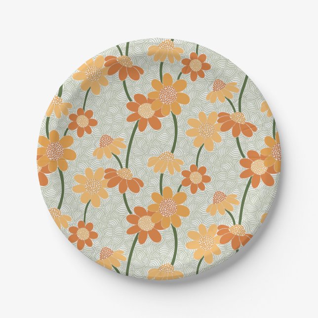 Pretty retro muted 1970s flowers paper plates (Front)