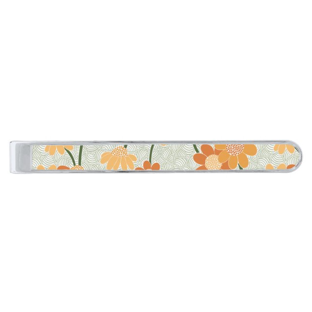 Pretty retro muted 1970s flowers silver finish tie bar (Front)