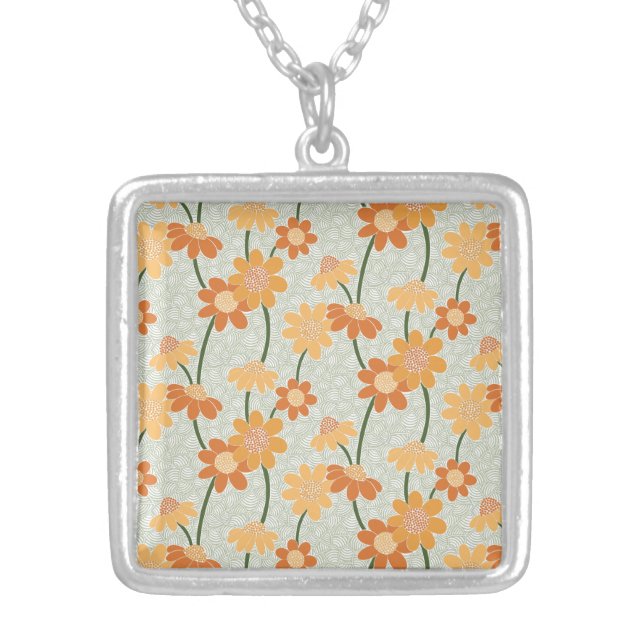 Pretty retro muted 1970s flowers silver plated necklace (Front)